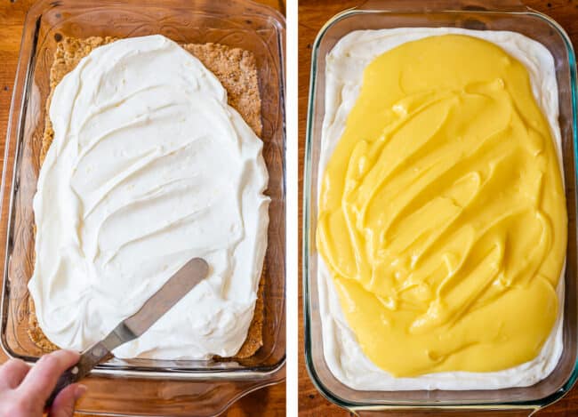 Layering cream cheese filling and lemon pudding in casserole dish.