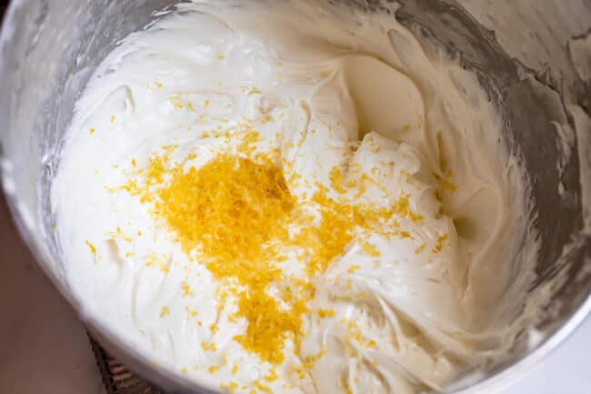 Cream cheese filling for lemon dessert with lemon zest.