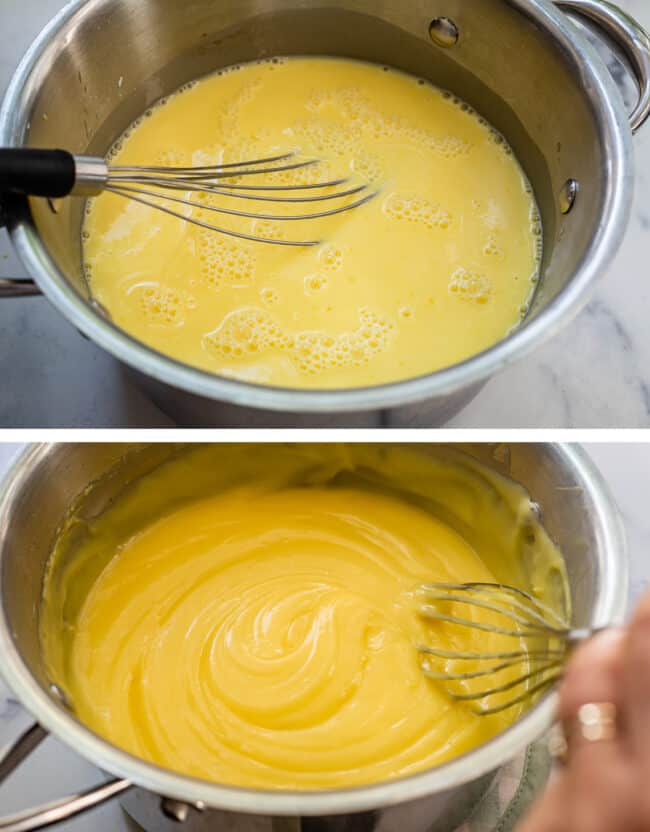 Whisking lemon pudding until fully thickened.