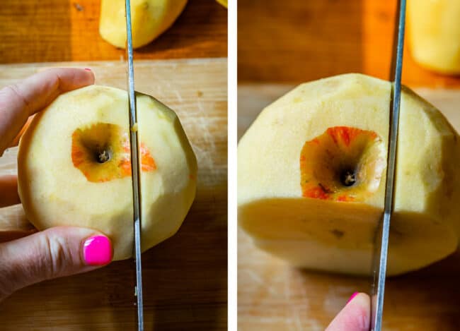 slicing a peeled apple into sections on a cutting board.