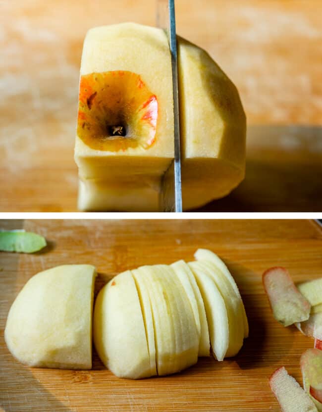 a knife cutting into a peeled apple, then slicing the apple on a cutting board.