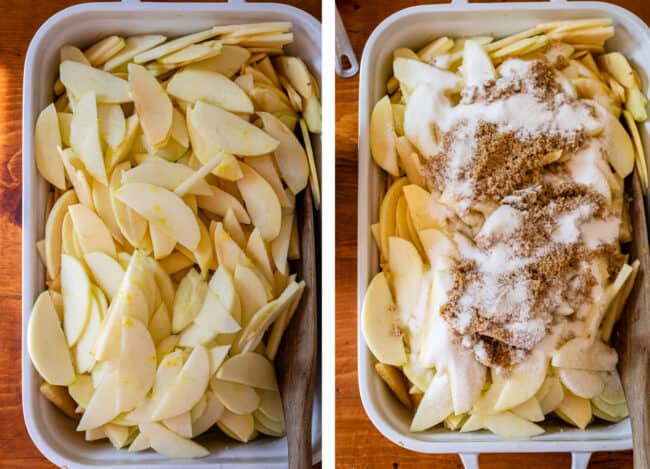 thinly sliced apples in a white casserole dish, then topped with sugar and brown sugar.