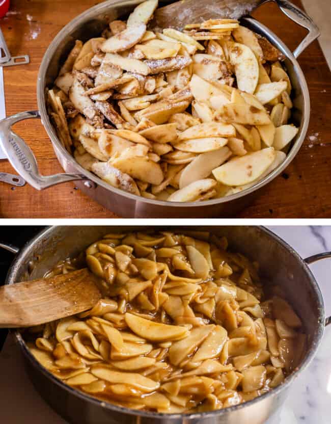 raw sliced apples in a skillet with flour and sugar, then cooked with a spoon.