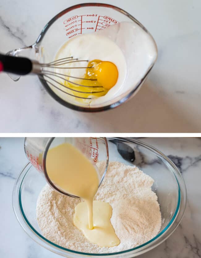 a glass measuring cup full of buttermilk and 1 egg, with a whisk, then pouring the mixture into flour.