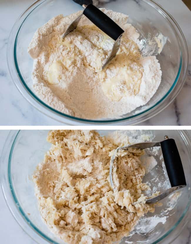 a pastry cutter blending buttermilk mixture into flour in a clear glass bowl.