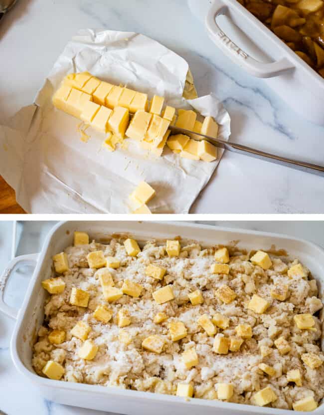 butter in its open wrapper, chopped, then sprinkled over an uncooked cobbler.