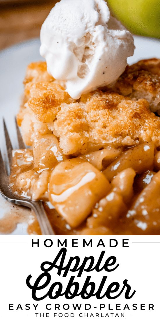 easy apple cobbler recipe on a white plate, topped with ice cream.