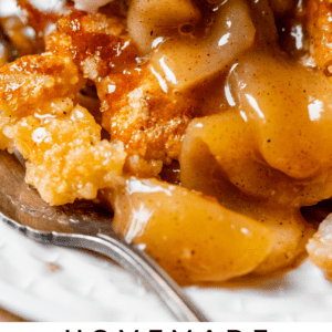 homemade apple cobbler recipe close up with ice cream.