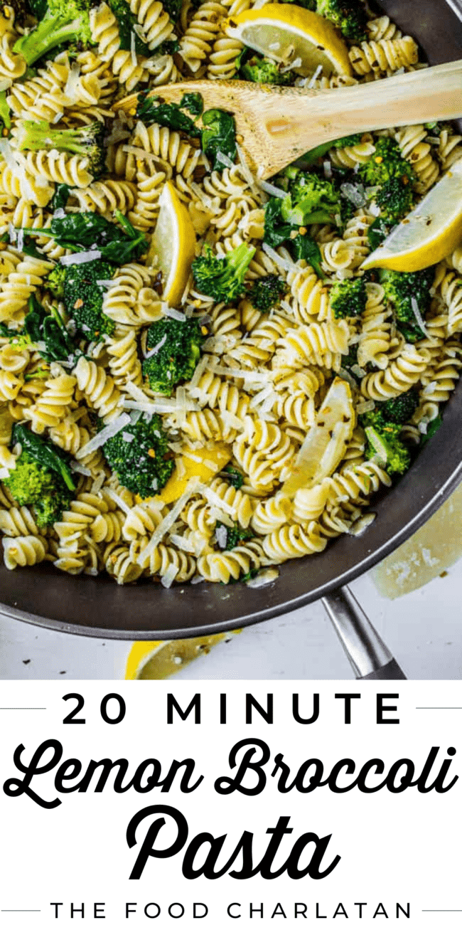 lemon broccoli pasta shot from overhead, in a skillet with wooden spoon.