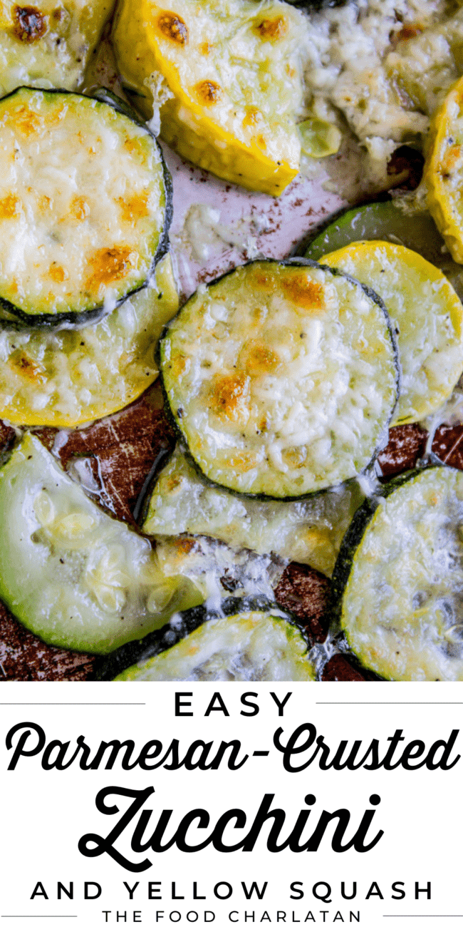 parmesan yellow squash and zucchini baked on a pan.