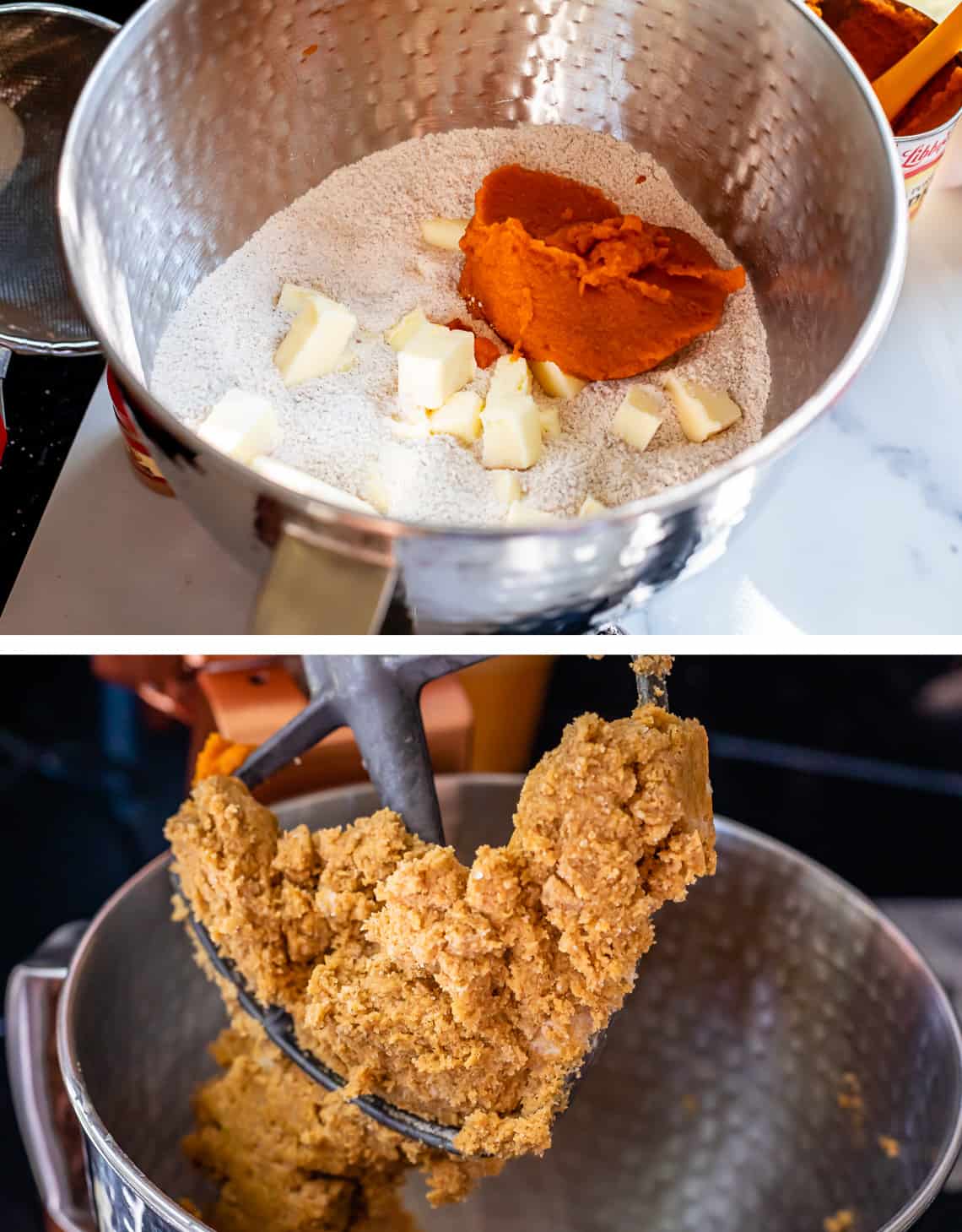 chopped butter and canned pumpkin added to dry ingredients in a bowl.