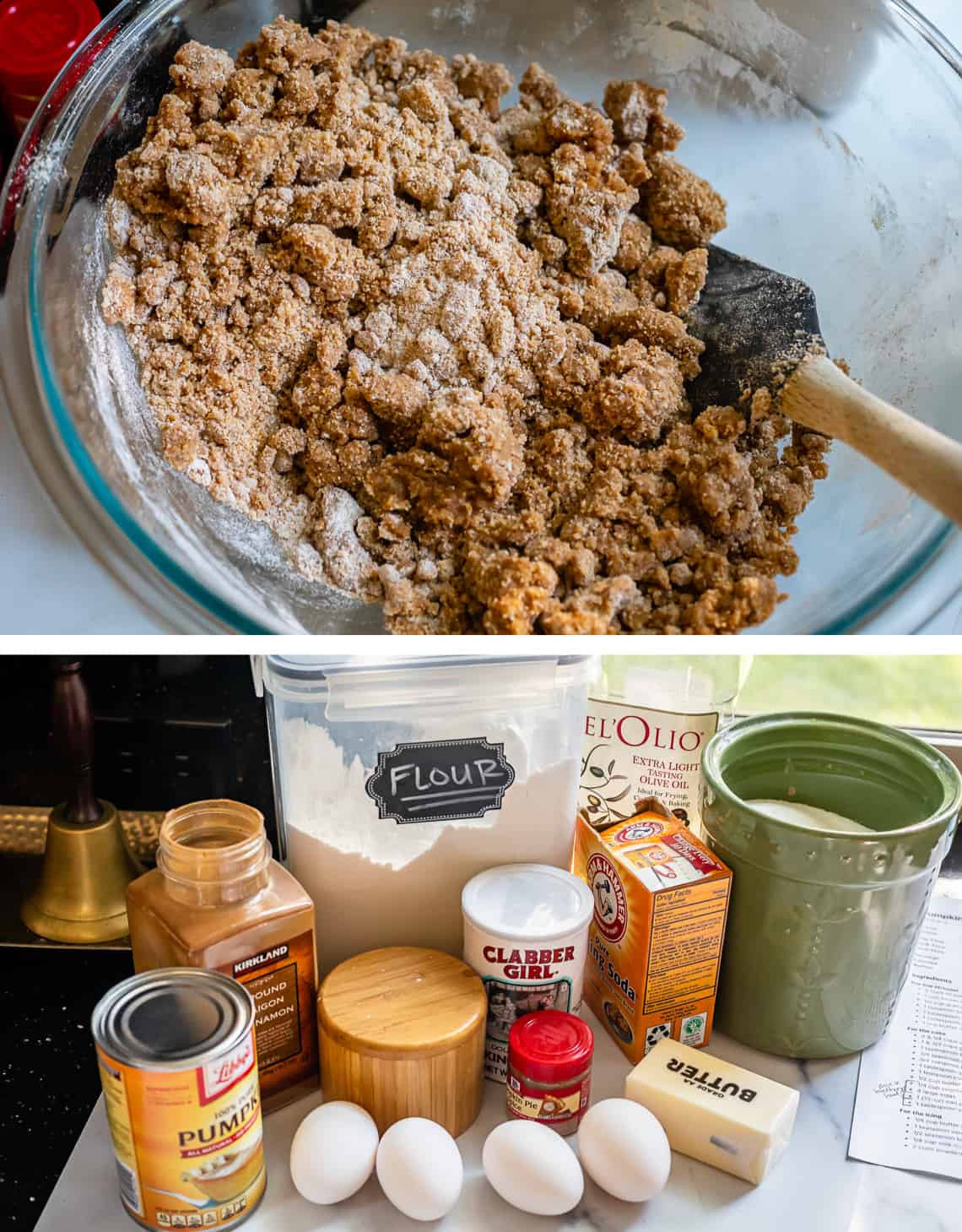 Mixed Streusel in a bowl, then a picture of ingredients for pumpkin coffee cake.