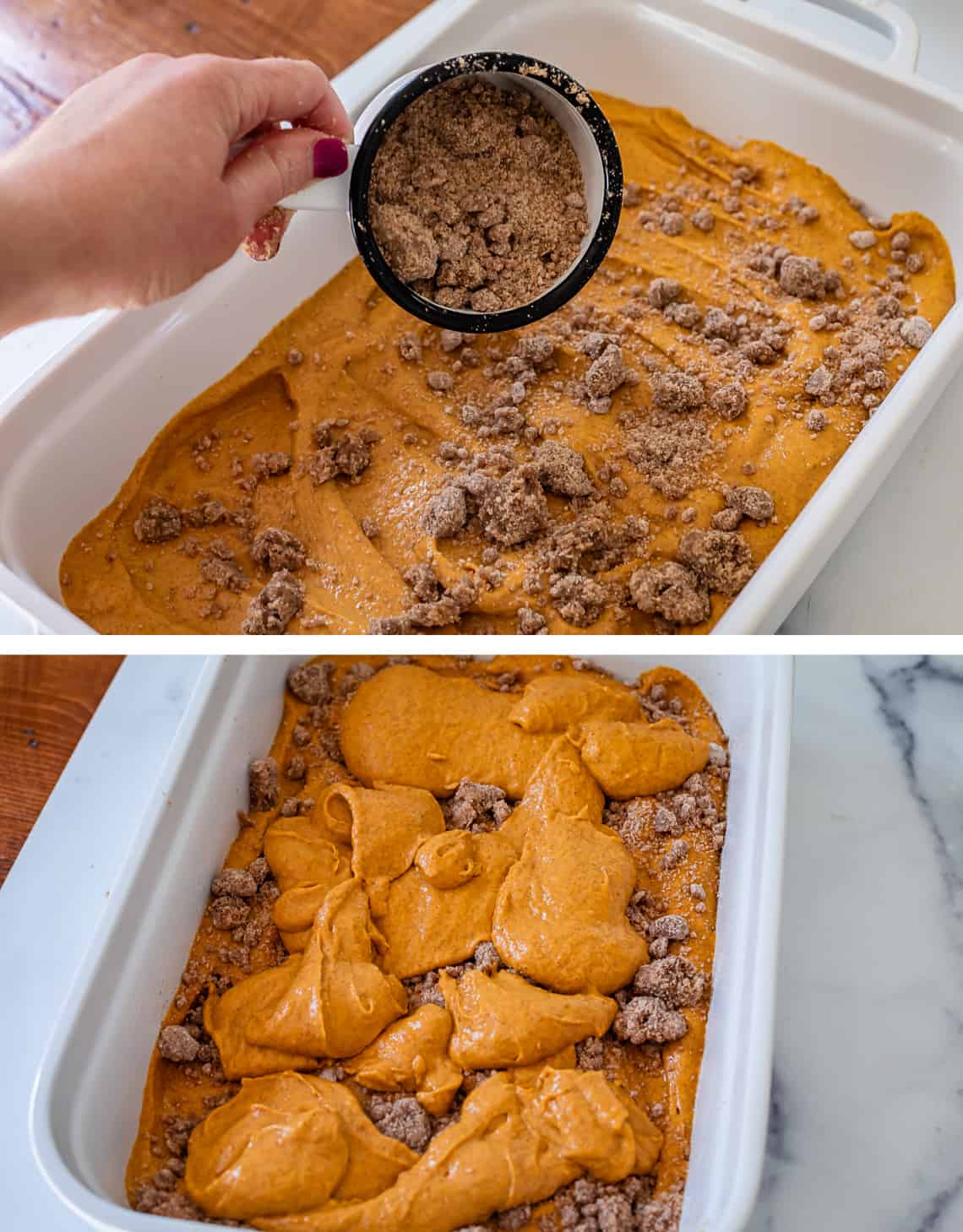 Adding streusel to layers of pumpkin coffee cake.