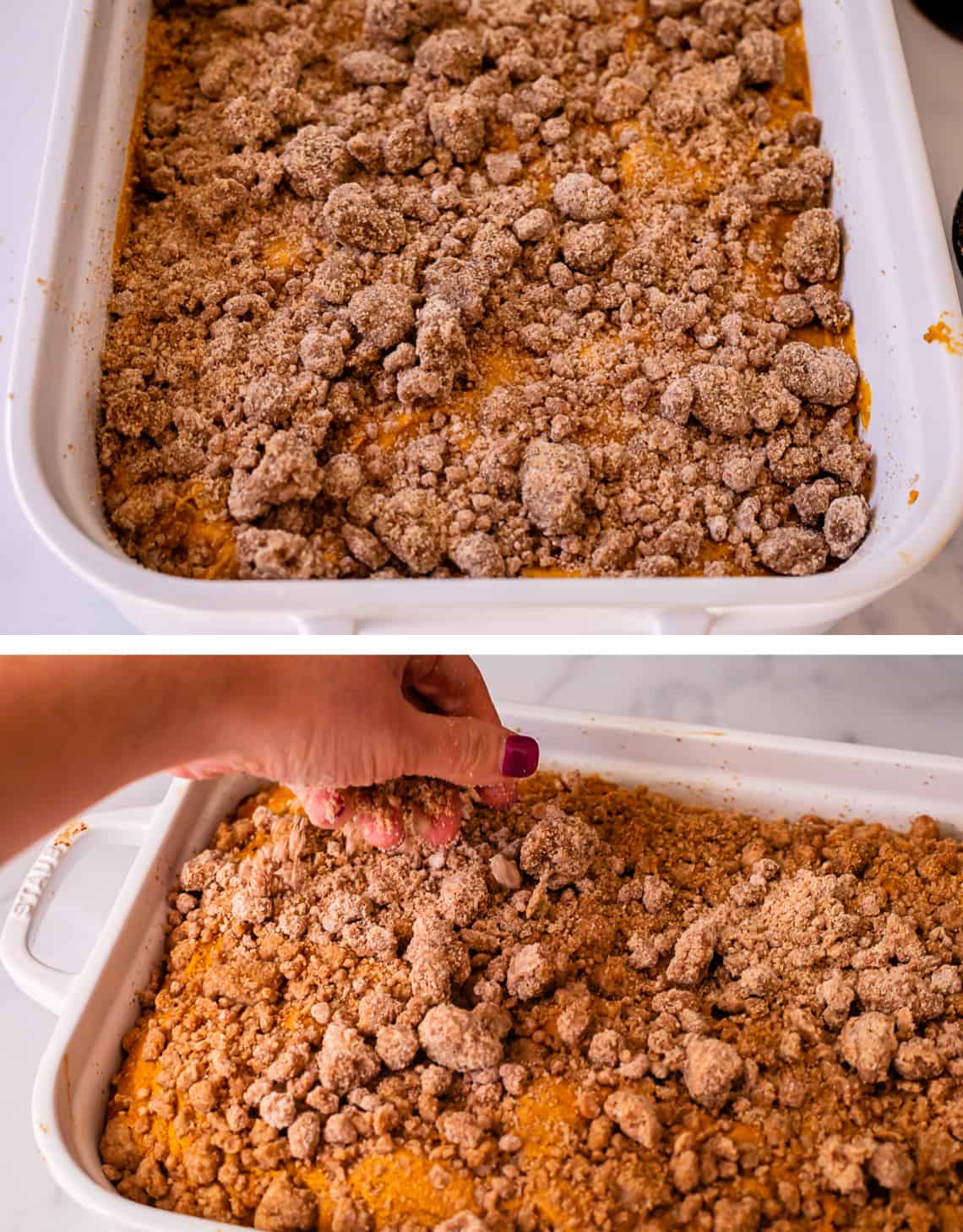 unbaked coffee cake topped with streusel, then adding more streusel on top.