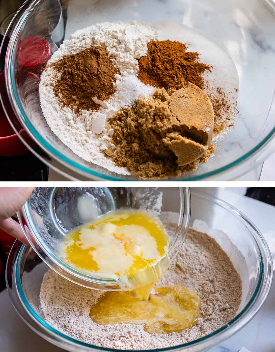 dry ingredients in a glass bowl, adding melted butter to the bowl.