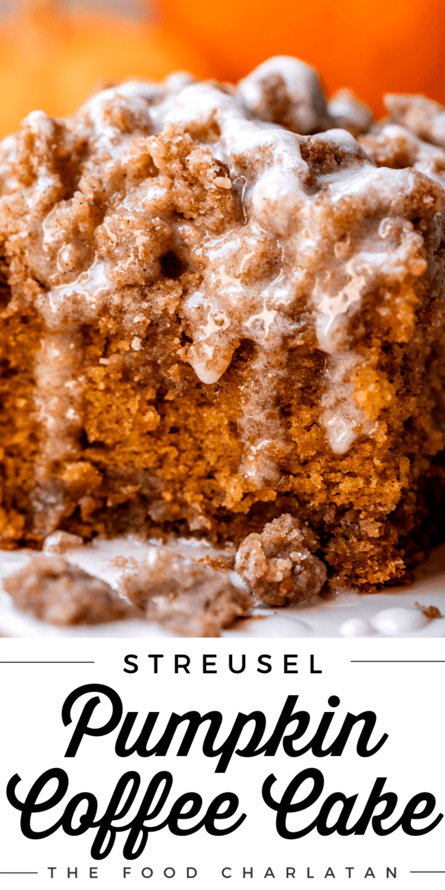 pumpkin streusel coffee cake with glaze.