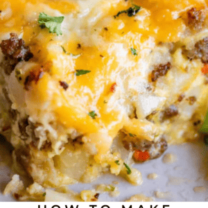 a piece of sausage breakfast casserole on a white plate.