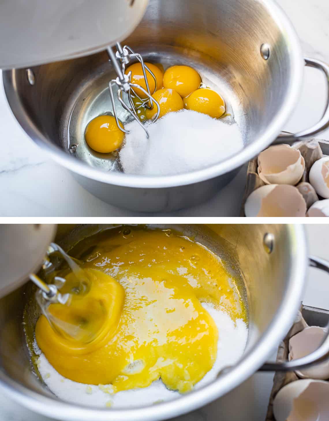 eggs and sugar in a pot, beating the mixture with electric mixer.