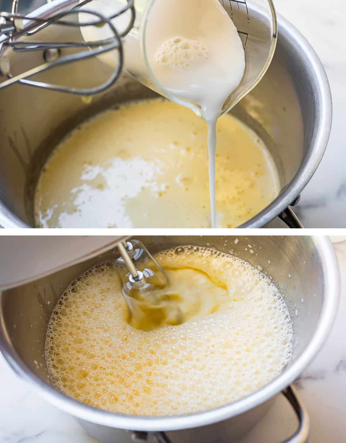 adding milk to pot of beaten eggs, beating the milk into a froth.