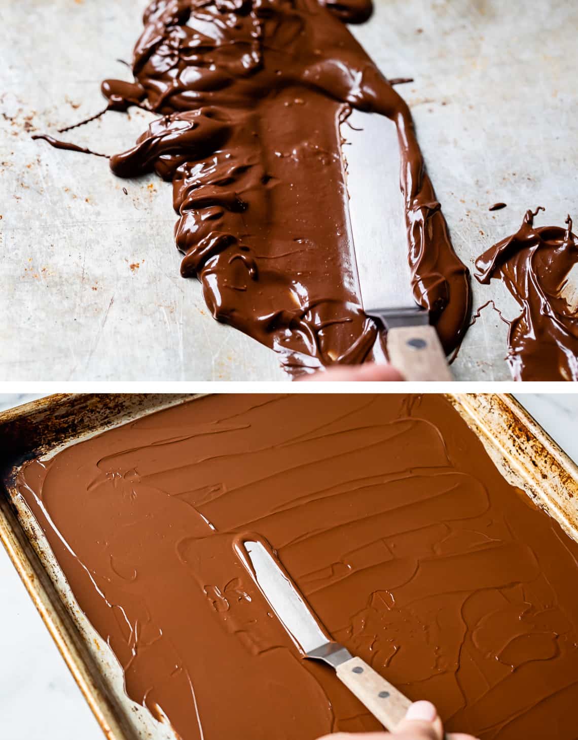 spreading chocolate on a pan with offset spatula, then the whole pan with chocolate spread out.