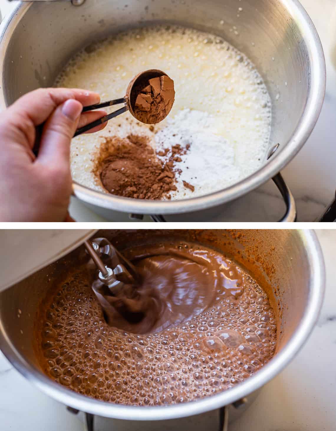 adding cocoa to a pot with beaten eggs, then mixing in cocoa.