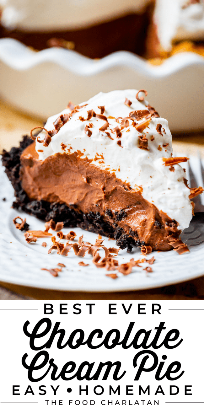 chocolate cream pie with oreo crust and whipped cream and chocolate curls.