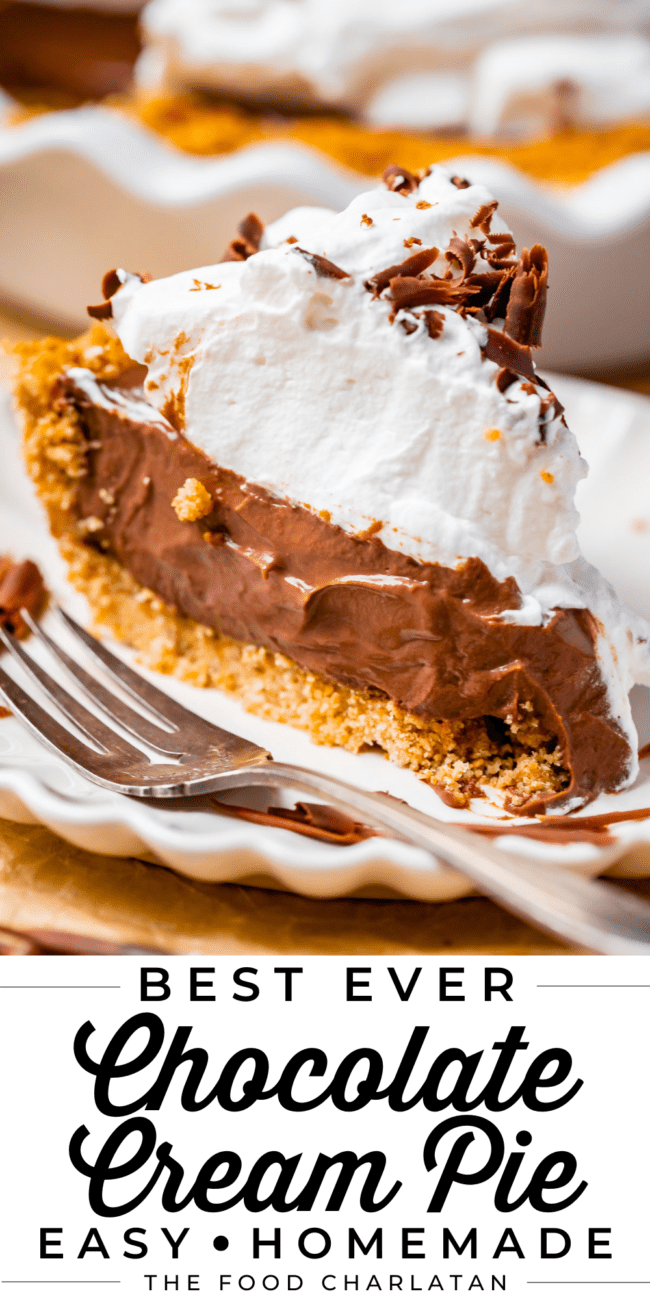 chocolate cream pie on a white plate with whipped cream and fork.