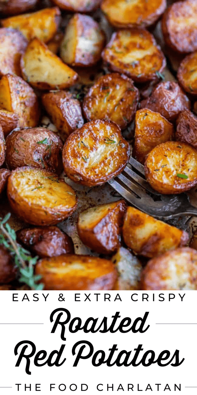 Roasted red potatoes with crispy edges on pan with recipe name