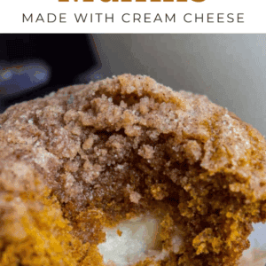 A pumpkin muffin with a cinnamon sugar topping and a cream cheese filling shown in the center, with text advertising pumpkin cream cheese muffins with a sweet cinnamon sugar topping.