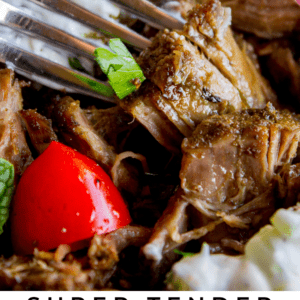 shredded Instant Pot Greek gyro style beef with fresh veggies.
