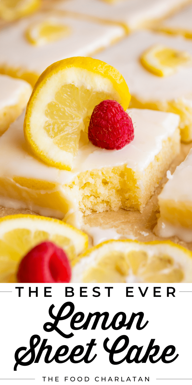 lemon sheet cake with glaze and fresh raspberries.