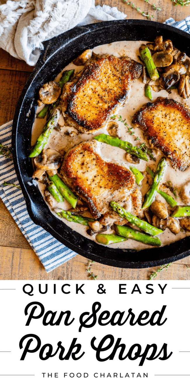 pan seared pork chops with mushrooms and asparagus.
