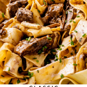 old fashioned beef stroganoff with pappardelle noodles.