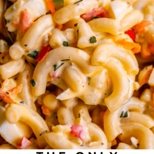 Close-up of creamy macaroni salad with elbow pasta, chopped vegetables, and herbs, with a spoon scooping some up. Text at the bottom reads: The Only Macaroni Salad You’ll Ever Need. Perfect for anyone craving a classic macaroni salad recipe.