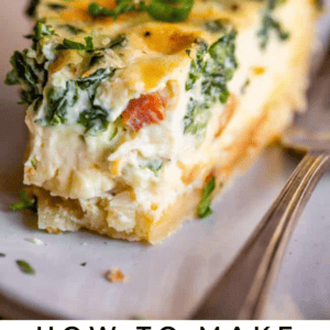 A close-up of a slice of spinach and bacon quiche with a flaky crust, on a plate with a fork. Text reads: Spinach & Bacon Quiche - The Food Charlatan.