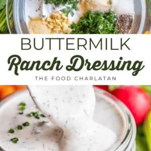 A close-up of buttermilk ranch ingredients in a glass bowl, including herbs and spices, with a jar of the creamy dressing, a spoon, and the text “Buttermilk Ranch Dressing.”.