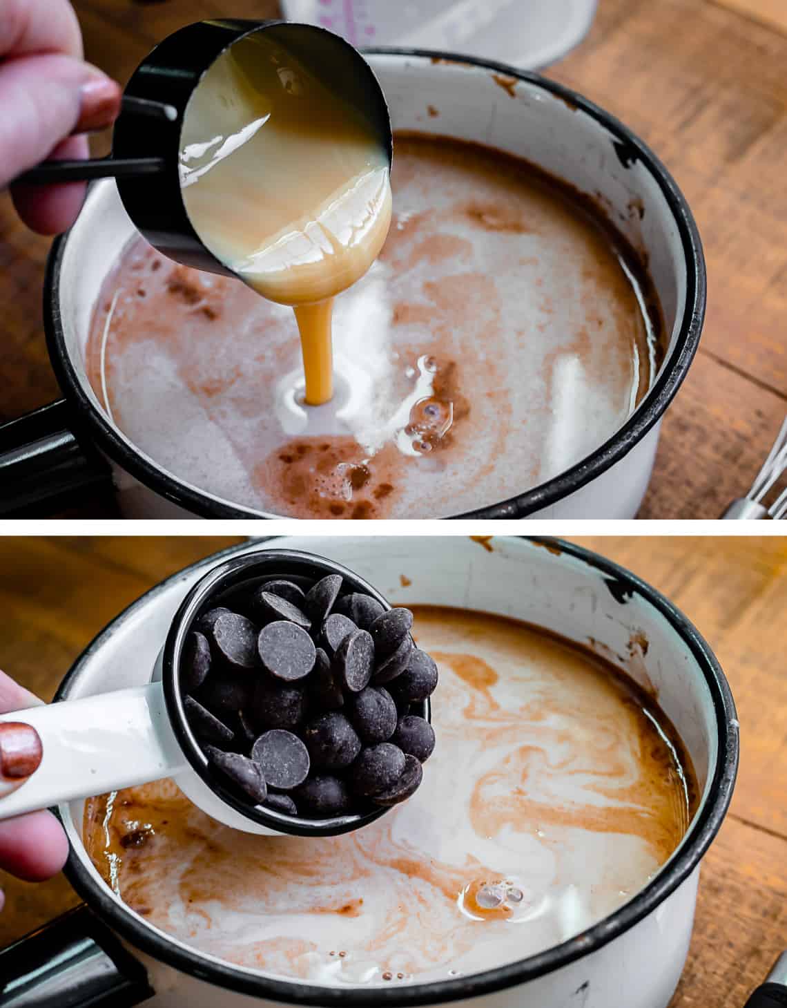 adding sweetened condensed milk and dark chocolate chips to a white pot full of hot chocolate.