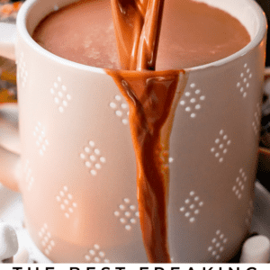 hot chocolate poured into a gray and white mug.