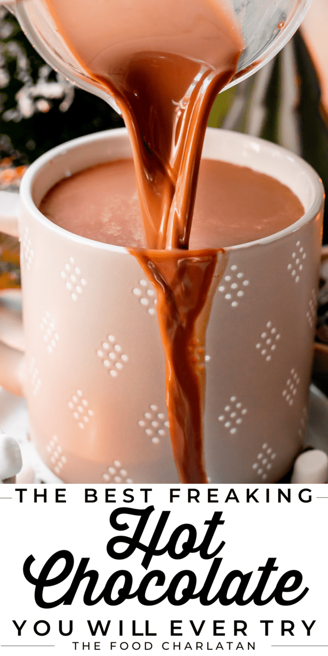 hot chocolate poured into a gray and white mug.