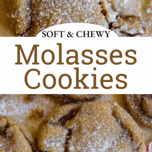 Close-up of soft, chewy molasses cookies coated with sugar, some cracked and overlapping on a baking sheet, with text overlay reading Soft & Chewy Molasses Cookies.