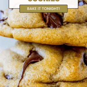 A close-up stack of gooey Brown Butter Chocolate Chip Cookies with melted chocolate, overlaid with text from The Food Charlatan: "Bake It Tonight!.