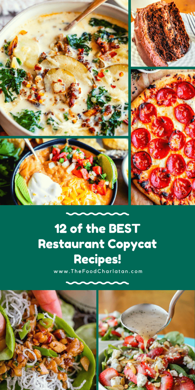 pictures of food with white text on green background saying, "12 of the best restaurant copycat recipes."