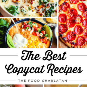 Pictures of soup, pizza, cake, with black text saying "The Best Copycat recipes".