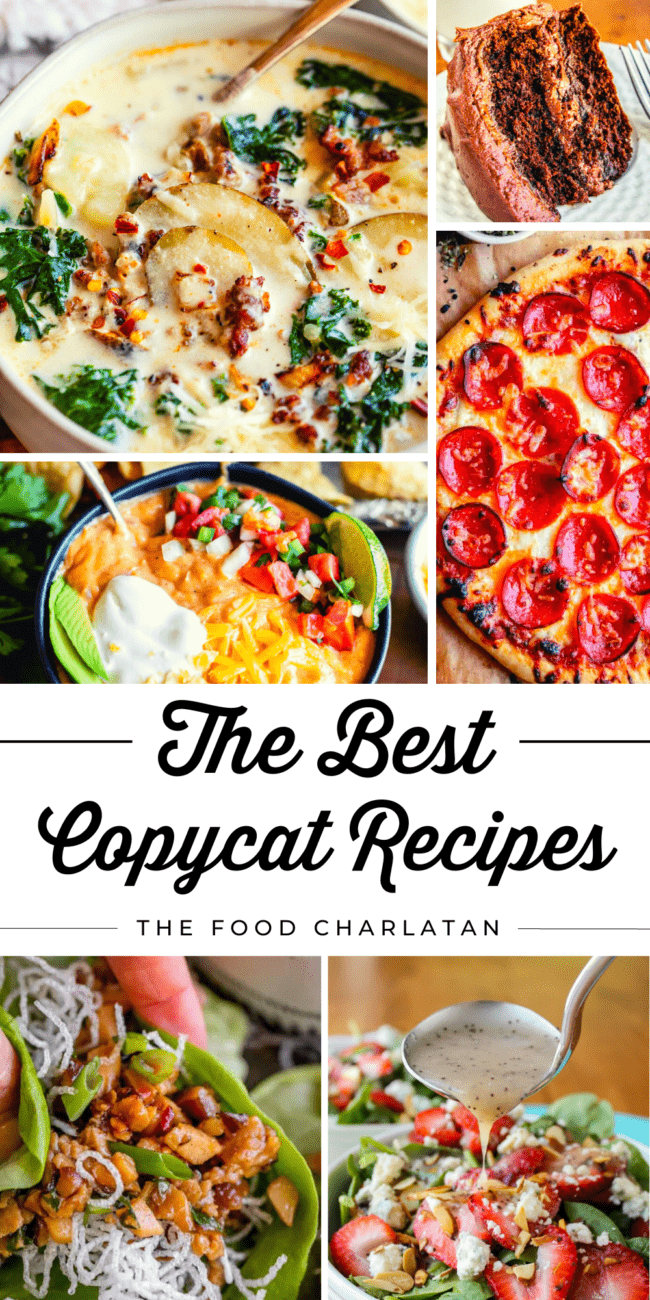 Pictures of soup, pizza, cake, with black text saying "The Best Copycat recipes".