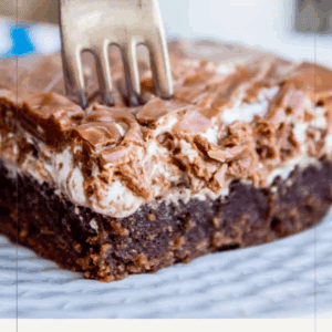 A fork slices into a piece of Mississippi Mud Cake with chocolate and marshmallow layers, resting on a wire rack. Text reads Mississippi Mud Cake from thefoodcharlatan.com.