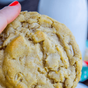 A hand with red nail polish holds a thick, chewy Peanut Butter Oatmeal Cookie. The blurred background features a white bottle and colorful objects. Text above the image reads “Peanut Butter Oatmeal Cookies.”.