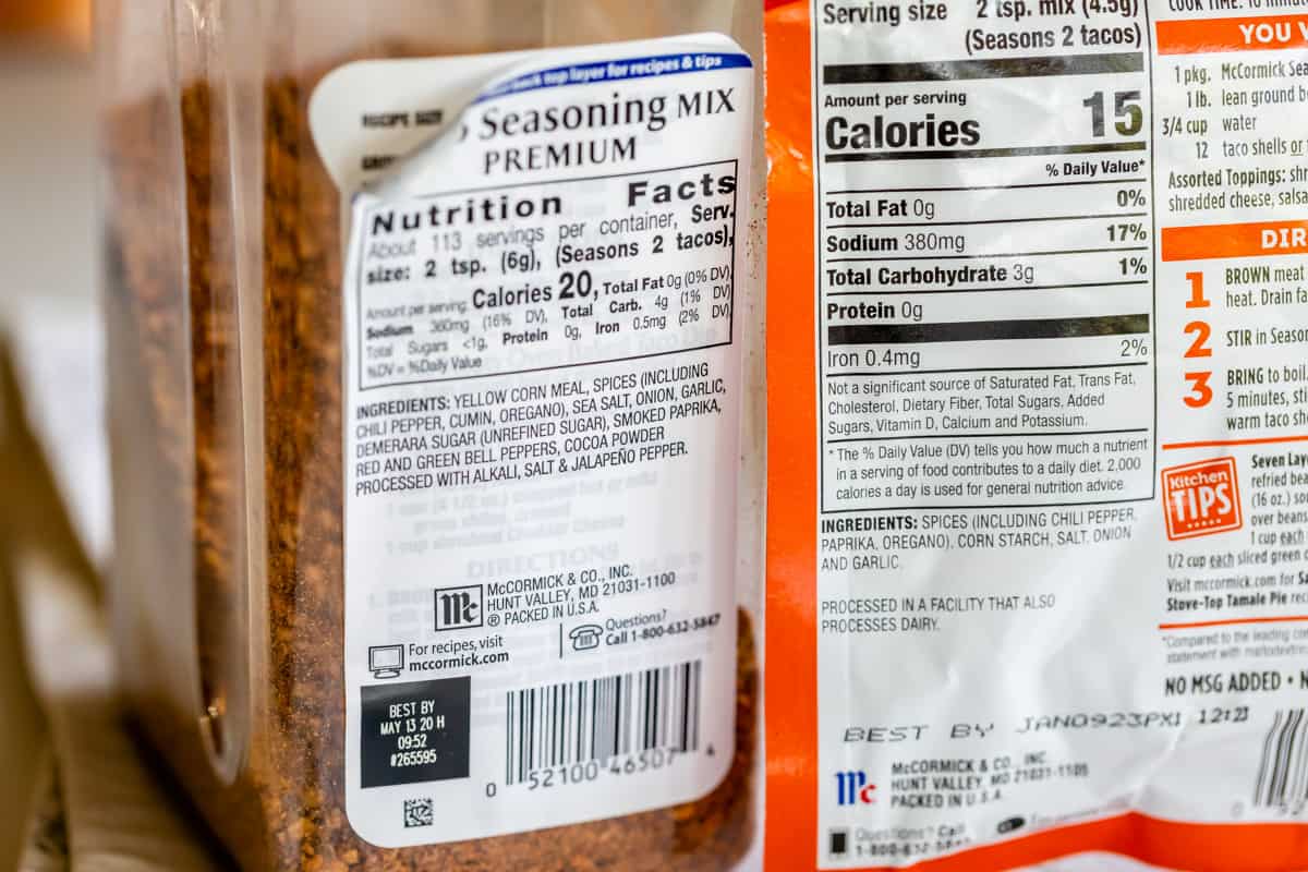 Comparing the ingredient list on two brands of taco seasoning blend.