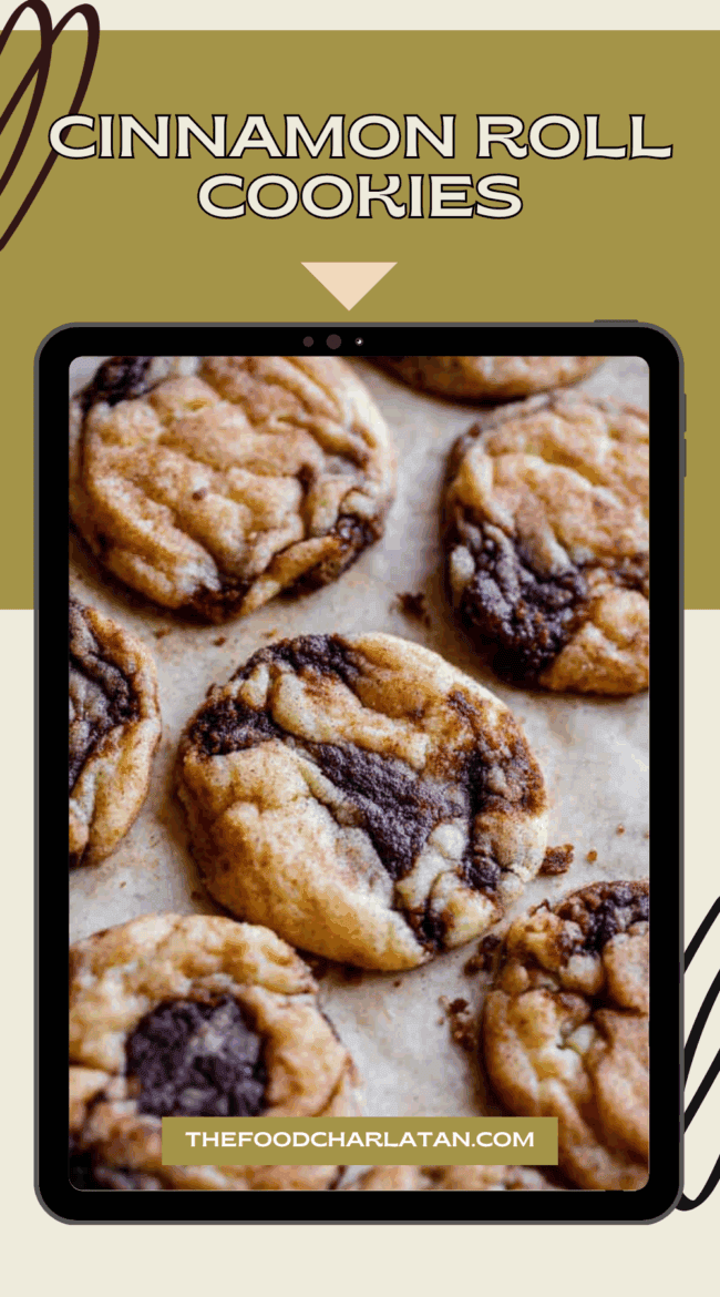A tablet displays a close-up of cinnamon cookies with swirls of dark and light dough, set against a tan and olive green background. Text reads Cinnamon Roll Cookies and thefoodcharlatan.com.