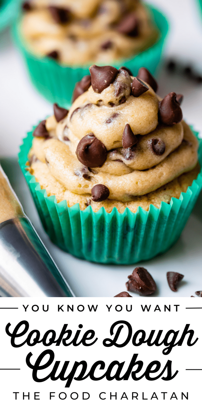 cupcakes with cookie dough frosting in green liners.