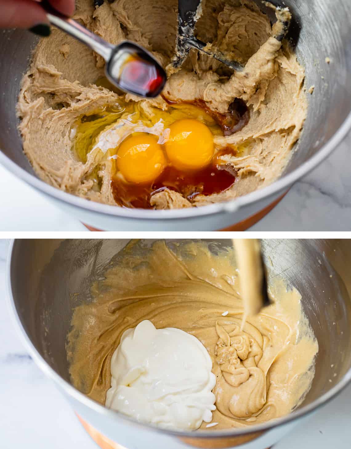 adding eggs, vanilla, and sour cream to cupcake batter.